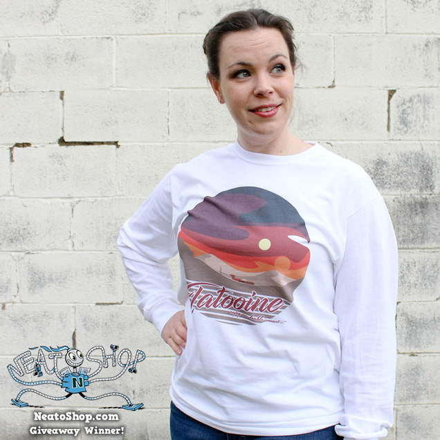 Natalie wearing science fiction design long sleeve shirt
