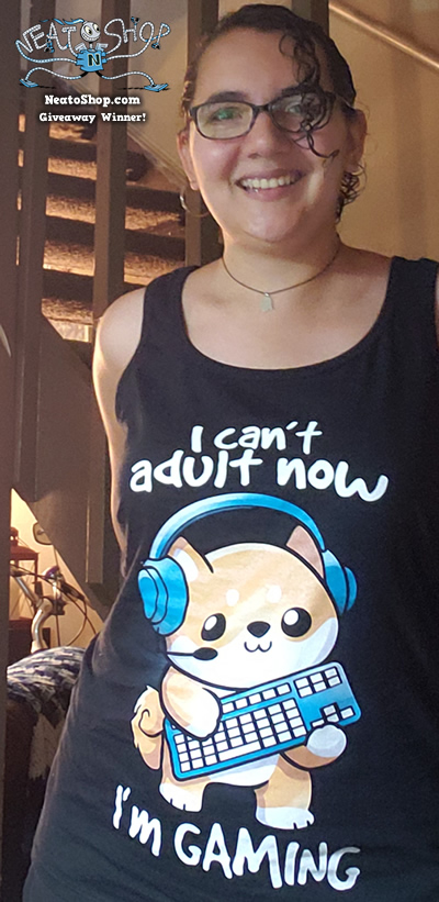 Tabatha wearing a cat design shirt