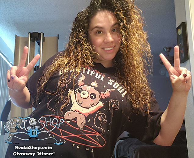 Margaret wearing a horror design shirt